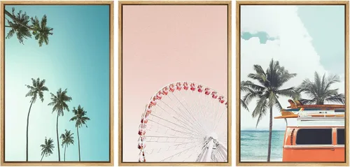 Vista 61 de SIGNWIN Lienzo enmarcado para pared, vista aérea de palmeras tropicales en un cielo azul, fotografía del océano costero, arte moderno, panorámico