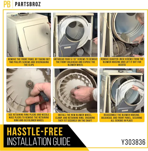 Vista 6 de PartsBroz Y303836 Rueda sopladora de secadora con abrazadera para Whirlpool Maytag Part AP4294048 PS2200270 303836 312913 3-12913 1245880 312913