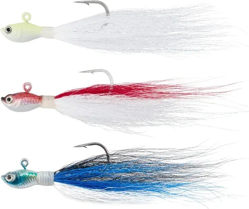 Vista 15 de Dr.Fish Paquete de 3 señuelos de cola de cubo para el cabello, señuelos de agua salada y dulce para pesca de surf, pesca, blanco, rojo, Chartreuse