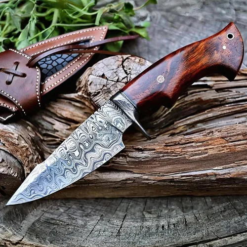 Vista 11 de BIGCAT ROAR Predator Hunter - Cuchillo de hoja fija de acero de Damasco hecho a mano de 10" - Mango de madera de olivo y funda de piel para cinturón