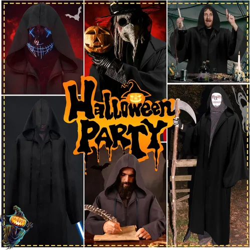Vista 4 de Sarfel Cloak with Hood Men Halloween Jedi Costume Adult Men Cosplay Wizard Robe Vampire Costume Tunic Knight Hooded Cape