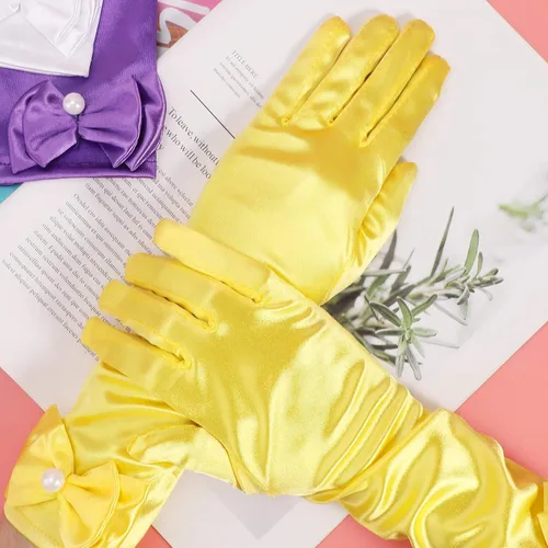 Vista 6 de HIFOT Guantes de vestir para niña, 6 pares, guantes largos de satén sedoso con lazo para niños, fiesta de princesa, boda, concurso formal, edades