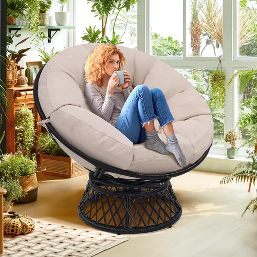 Vista 7 de KROFEM Silla Papasan Gigante de Ratán Ergonómica Extragrande de 46" con Cojín Suave y Grueso para Adultos, Giro Fluido de 360°, Resistente al Agua