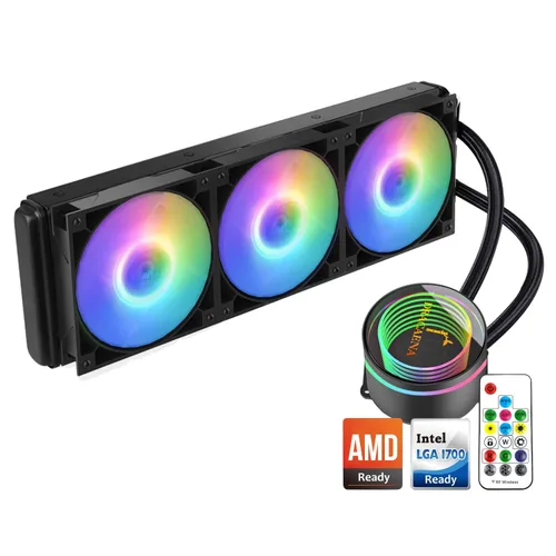 Vista 15 de Dracaena.io Enfriador de CPU AIO de 4.724 in, control remoto ARGB, ventilador PWM ARGB silencioso, bomba de rodamiento hidráulico y radiador