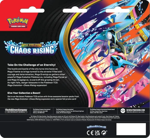 Vista 2 de Pokémon TCG: Mega Evolution—Chaos Rising Triple Pack (1 Tarjeta promocional Foil y 3 paquetes de refuerzo)