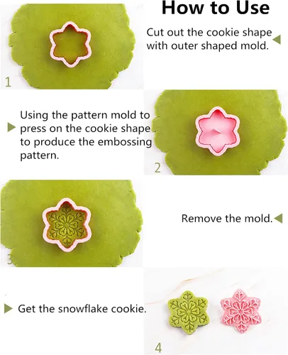 Vista 4 de Juego de 9 patrones de sellos de galletas de copo de nieve 3D, plástico de grado alimenticio, 6 ramas con forma de copos de nieve, cortadores