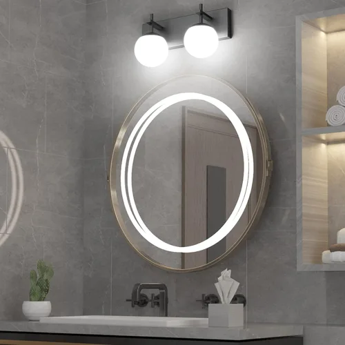 Vista 3 de Ralbay Lámpara de pared de baño negra mate, 2 luces, iluminación moderna de mediados de siglo, luz de tocador de globo de vidrio lechoso negro
