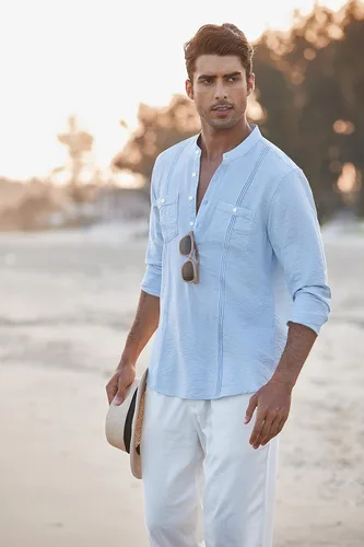 Vista 4 de COOFANDY Camisa Henley de lino para hombre, de manga larga, casual, hippie, de algodón, para playa