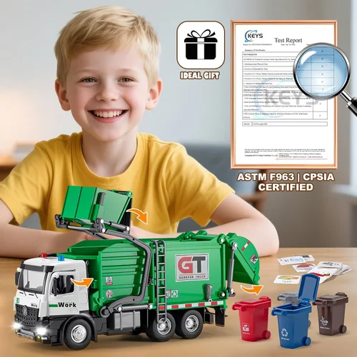 Vista 6 de HAPYAD Camiones de basura de juguete con cabina de metal, juguetes realistas de camiones de basura para niños con luces y sonidos, vehículos
