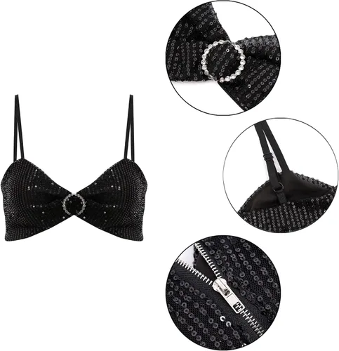 Vista 6 de Erinaco Camiseta corta reflectante metálica para mujer, camiseta sin mangas holográfica, estilo halter, camiseta sin mangas para festivales, rave