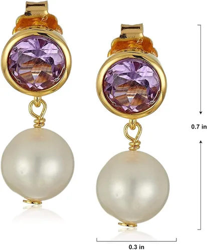Vista 2 de Tienda Collection Aretes de tuerca chapados en oro amarillo de 18 quilates con bisel de piedra natal y perlas cultivadas de agua dulce