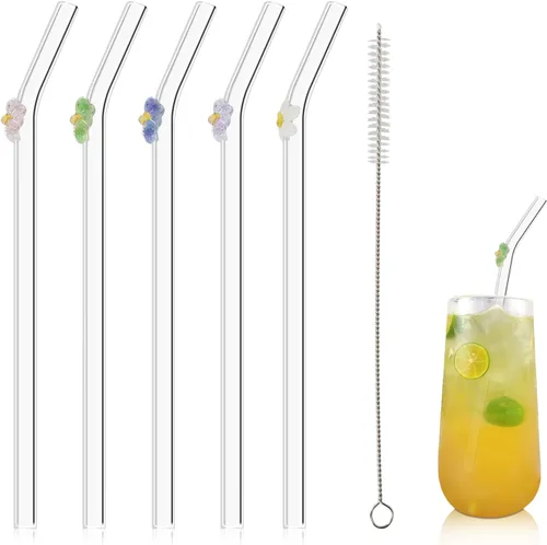 Vista 7 de 5 popotes reutilizables de vidrio transparente con diseño color cereza de 7.8" x 8mm con 1 cepillo de limpieza para batidos, zumos, jugos y tés