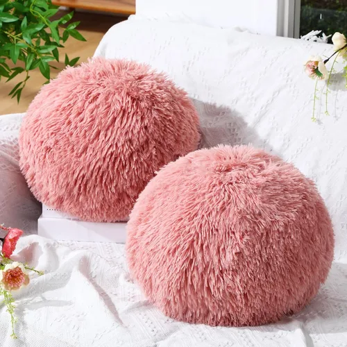Vista 9 de Paquete de 2 Almohadas Decorativas de Bola Redonda de Felpa de 10 Pulgadas, Almohadas Nórdicas Suaves de Boucle Esféricas Peludas Circulares