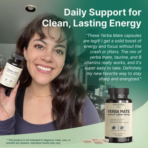 Vista 5 de Yerba Mate 1400mg - Suplementos mágicos naturales de cafeína y energía, alta potencia mejorada con taurina y complejo de vitamina B - 60 cápsulas