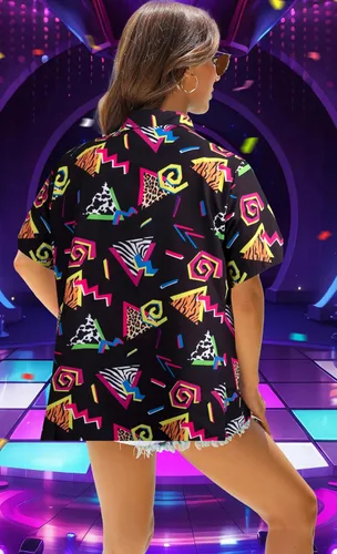 Vista 7 de Trajes de los años 80 y 90 para mujer, camisa de fiesta temática retro de los años 80, camisa hawaiana de los años 80, camisa hawaiana neón hawaiana