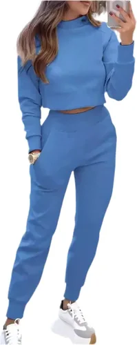 Vista 4 de Conjunto de sudadera y pantalón corto casual elegante, de dos piezas, con bolsillos, 95% poliéster, 5% elastano, ligeramente elástico