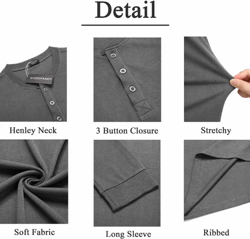 Vista 78 de COOFANDY Camisas Henley de manga larga para hombre, camisetas elásticas acanaladas, camisetas básicas casuales de moda