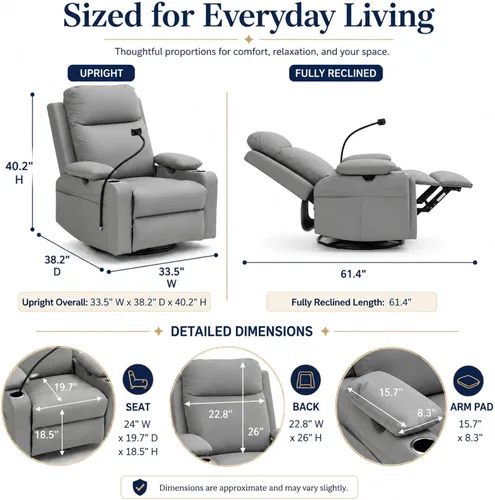 Vista 2 de Power Glider Recliner, Swivel Rocking, USB, Adjustable Arms (Gray)