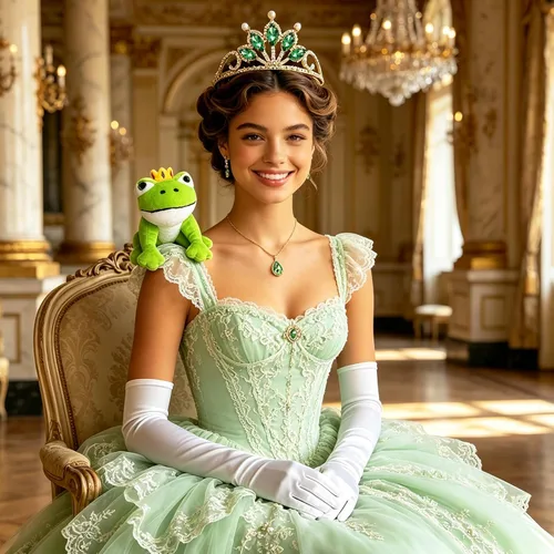 Vista 4 de Accesorios de disfraz de princesa, guantes de corona de tiara verde