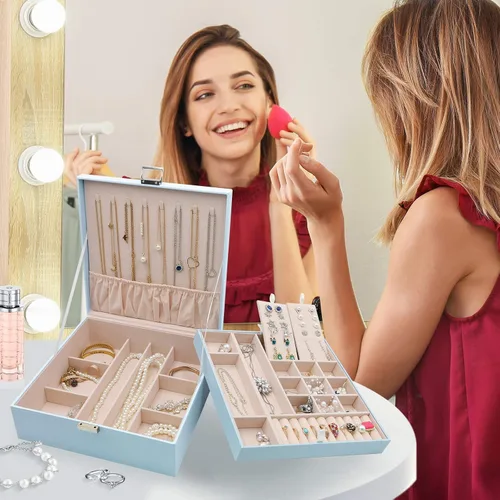 Vista 7 de ProCase - Joyero grande de cuero con dos niveles para organizar aretes pulseras anillos relojes para mujeres niñas regalo ideal para novia o esposa