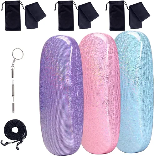 Vista 14 de ADBGV 3 fundas unisex rígidas para lentes, funda protectora para gafas, funda de gafas de sol con paño de limpieza A_negro+rosa+azul