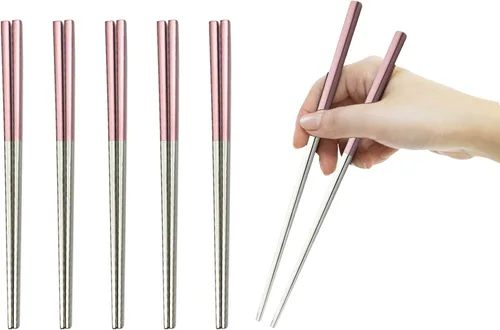 Vista 12 de JASHII 5 pares de palillos de acero inoxidable 304, palillos reutilizables, palillos de metal ligeros para fideos de sushi, 9 pulgadas (negro dorado)