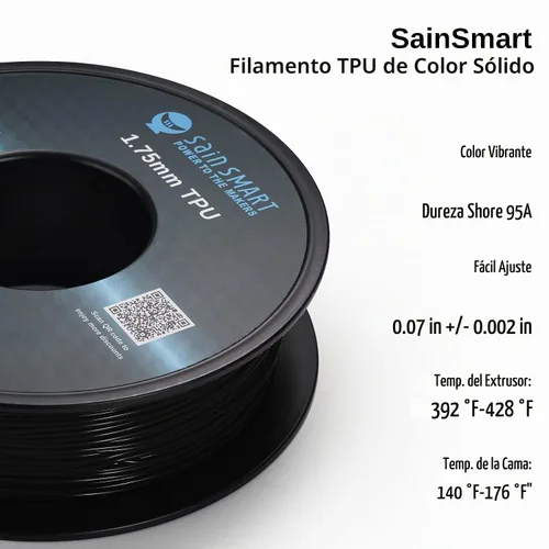 Vista 2 de Bobina de filamentos para impresoras 3D SainSmart, 0.06 pulgadas, flexible, TPU, 1,7 libras, Negro, 1