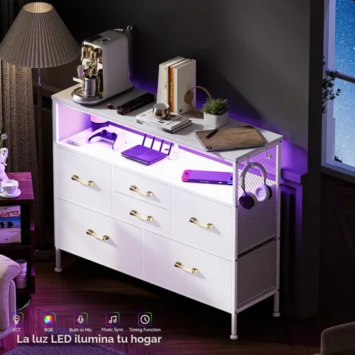 Vista 8 de Cómoda blanca YILQQPER para dormitorio, soporte de TV con 6 cajones, cómoda de dormitorio con enchufes de corriente y luz LED, cómodas de tela