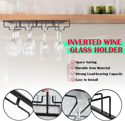 Vista 5 de Estante para copas de vino de 4 filas debajo del gabinete, soporte para copas de vino para colgar debajo del estante, soportes de alambre para copas