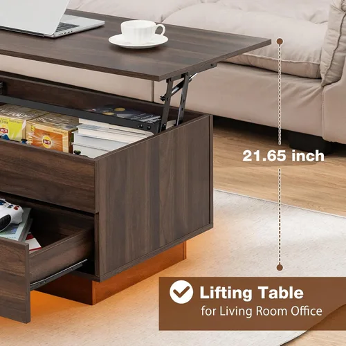 Vista 7 de HOMMPA Mesa de centro moderna con tapa elevable con almacenamiento para sala de estar, mesa de centro LED, mesa de comedor de madera con 2 cajones