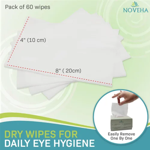 Vista 2 de NOVEHA 60 toallitas secas – Toallitas limpiadoras diarias de ojos y nasales suaves e hipoalergénicas – Eliminación de maquillaje – Calma, alivia