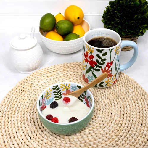 Vista 3 de Pavilion Gift Company - Friends - Juego de cuencos y cucharas florales de 11 oz y 4.25 pulgadas - Apreciación familiar sentimental inauguración