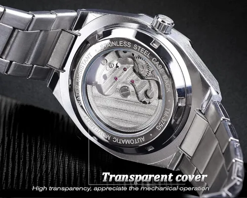 Vista 6 de FORSINING Reloj automático mecánico de pulsera para hombre octogonal impermeable reloj de esqueleto de lujo diamante Tourbillon plateado correa