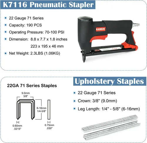 Vista 2 de K7116 - Pistola de grapas neumáticas para tapicería de calibre 22, 3/8 pulgadas, corona de 71 pulgadas, grapadora de alambre fino de potencia aérea
