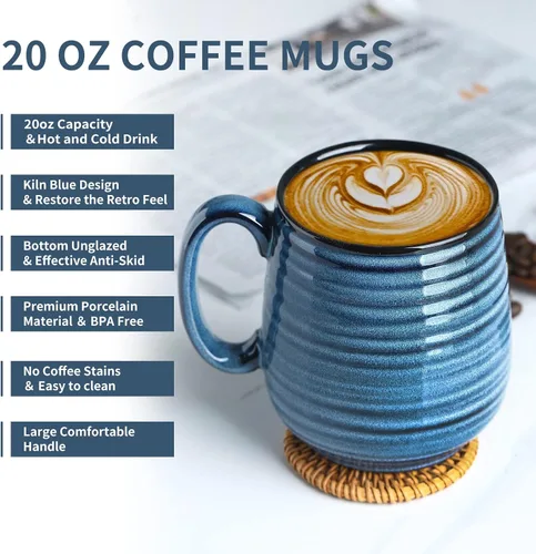 Vista 2 de HASENSE Taza de café, taza de café de cerámica de 20 onzas para hombres y mujeres, taza de café grande para café con leche, sopa de té, para oficina