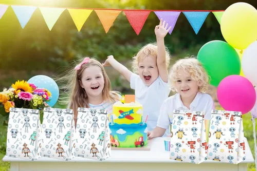 Vista 4 de BonBeeDesign 24 bolsas de dulces con calcomanías para fiestas de robots, bolsas de regalo de robot, suministros para fiestas de cumpleaños