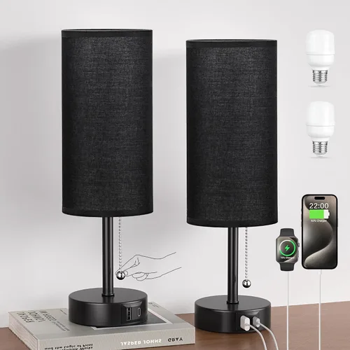 Vista 13 de Juego de 2 lámparas de noche grises para dormitorio, lámpara de mesa de noche con puerto de carga USB A + C, 3 temperaturas de color, cadena