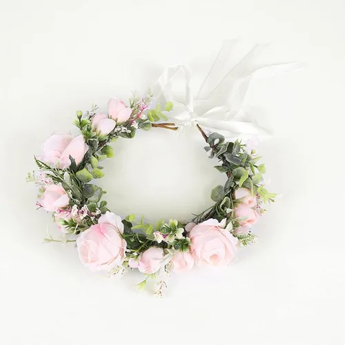 Vista 2 de Floral Fall Corona de flores suculentas, tocado de hoja verde, boda, novia, eucalipto, halo, accesorios para fotos de maternidad, FL-01 (rosa rosa)