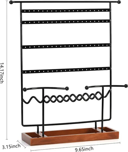 Vista 2 de Soporte organizador de aretes organizador de aretes con bandeja de madera soporte de joyería para collares aretes pulseras relojes y anillos soporte