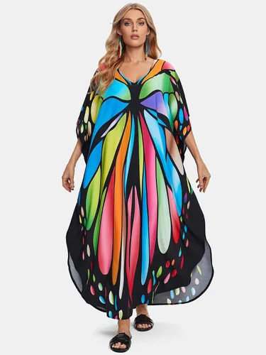 Vista 8 de Vestido RanRui largo hasta el piso, caftán, con botones, para playa, para mujer