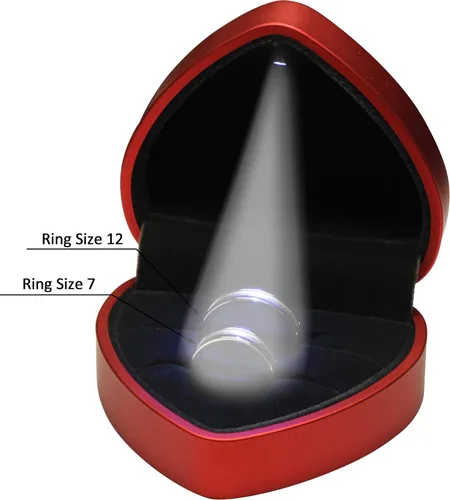 Vista 2 de Caja de anillos LED roja doble para parejas, bodas, compromisos, propuestas, cumpleaños, día del padre, Navidad... Diseño de lujo