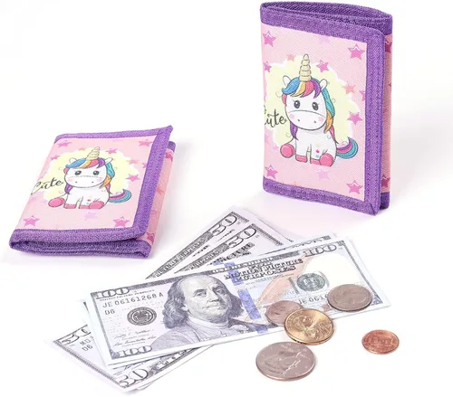 Vista 2 de SITADI Cartera para niños, billetera pequeña para niñas con bolsillo con cremallera, bonita cartera de lona triple de dibujos animados para niños