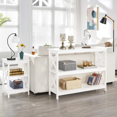 Vista 4 de Yaheetech Mesa auxiliar auxiliar de sofá con estante de almacenamiento de 3 niveles para sala de estar, espacio estrecho, color blanco
