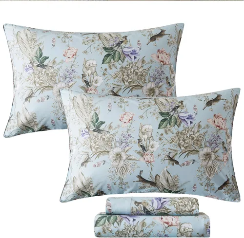 Vista 17 de FADFAY Juego de sábanas tamaño King, sábanas de algodón percal rosa floral con bolsillo profundo, ropa de cama vintage lujosa azul con estampado