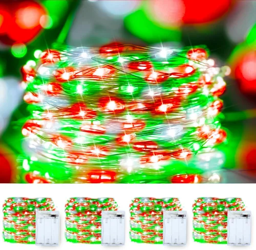 Vista 8 de Luces de cuerda de Navidad rojas, verdes y blancas de alambre de cobre, paquete de 2, total de 200 luces LED de hadas, luces parpadeantes