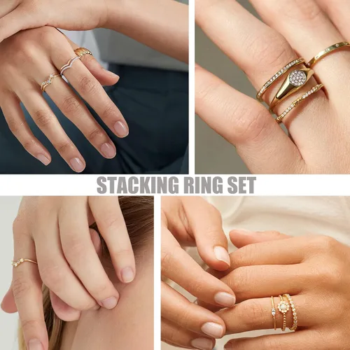Vista 7 de PLOMFOV Juego de 9 anillos apilables con placa de oro de 14 quilates para mujer, anillos de circonita cúbica de ópalo en V, anillos delgados
