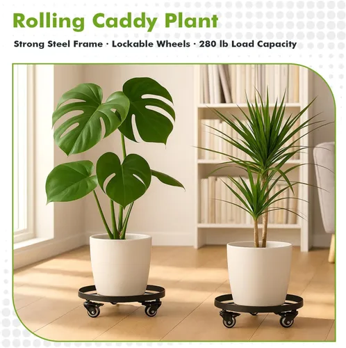 Vista 5 de Paquete de 3 posavasos de metal para plantas de 10.6 pulgadas, con ruedas, soporte rodante resistente para plantas con ruedas para interiores y Negro