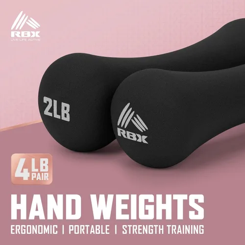 Vista 2 de RBX Pesas de mano de 4 libras (2 libras cada una), pesas de mano de neopreno para entrenamientos en casa, entrenamiento cardiovascular y de fuerza