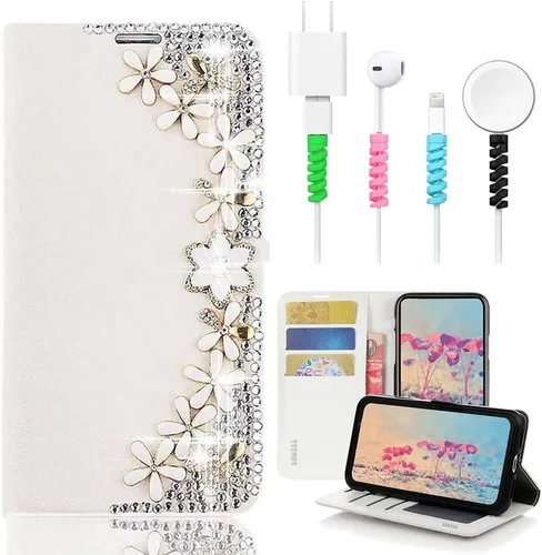 Vista 7 de Bling - Funda de piel tipo cartera compatible con iPod Touch 7ª generación (2019), diseño de flores y mariposas en 3D hechas a mano, con protector