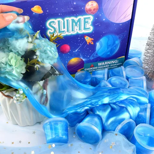 Vista 3 de Paquete de 24 Galaxy Slime, regalos de fiesta de slime azul, antiadherente, suave y liso para cumpleaños, recompensas de aula, rellenos de Slime